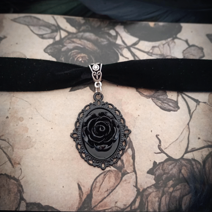 Μαύρο Gothic Βελούδινο Choker 3D Black Rose Cabochon