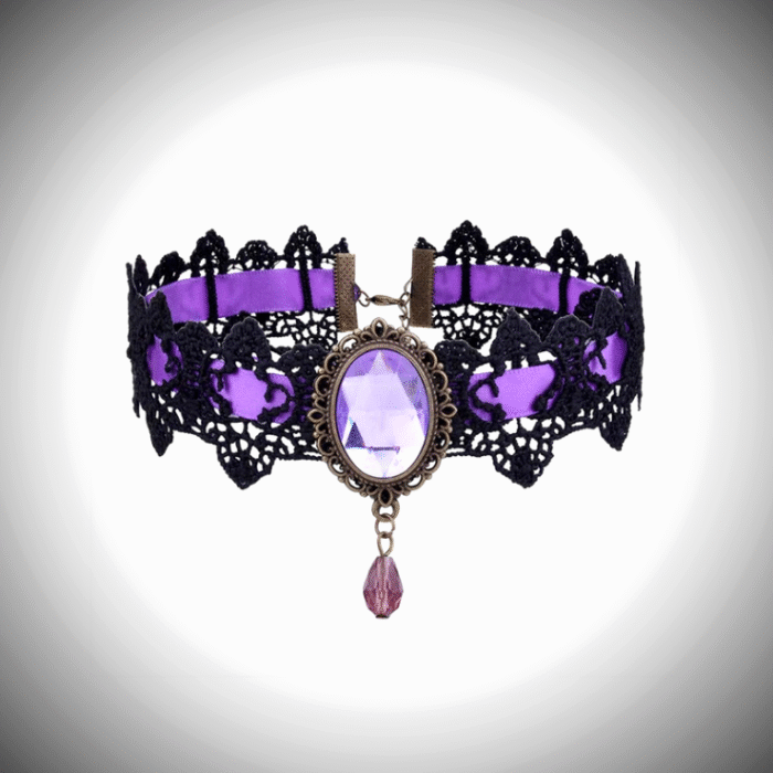 Gothic Choker Μαύρη Δαντέλα με Μοβ Βελούδο και Κρύσταλλο