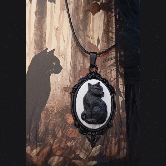 Μαύρο Gothic Vintage Οβάλ Μενταγιόν Black Cat