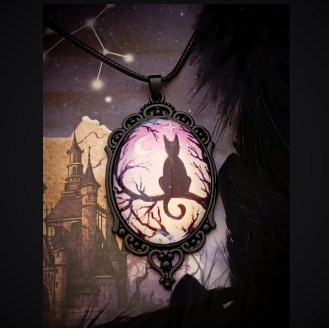 Μαύρο Gothic Vintage Οβάλ Μενταγιόν Black Cat Night Sky