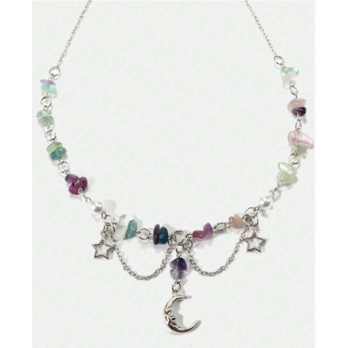 Ασημί Mystic Κολιέ Moon & Stars Fluorite