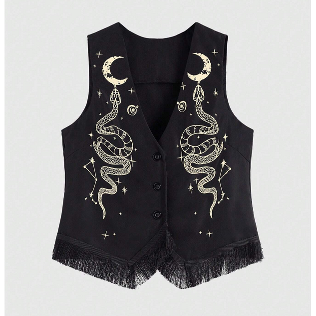 Μαύρο Mystic Goth Γιλέκο με Crescent Snake Print & Κρόσσια