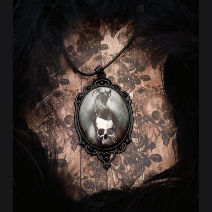 Μαύρο Gothic Vintage Οβάλ Μενταγιόν Black Cat On Skull