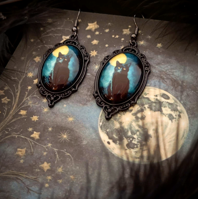 Μαύρα Gothic Vintage Οβάλ Σκουλαρίκια Black Cat Moon
