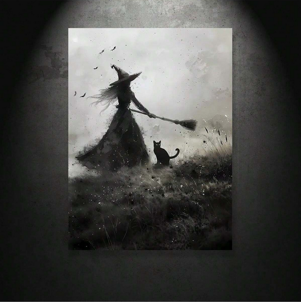 Mystic Wall Art Print Witch with Cat & Broom