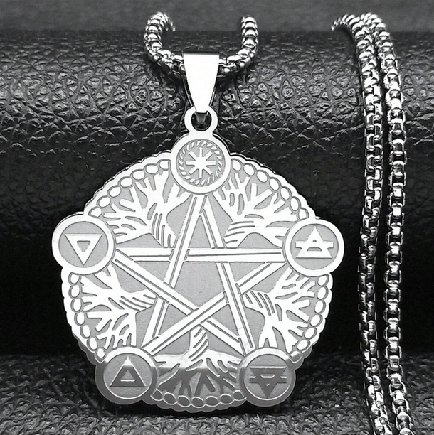 Ασημί Ατσάλινο Μενταγιόν 5 Elements Pentagram
