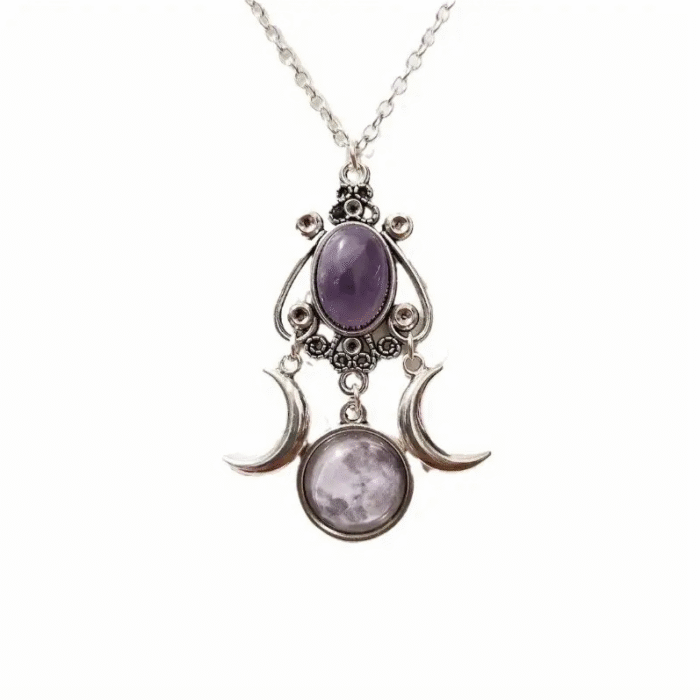 Ασημί Μενταγιόν Amethyst Triple Moon