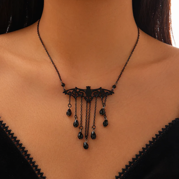 Μαύρο Gothic Κολιέ Black Crystals Bat