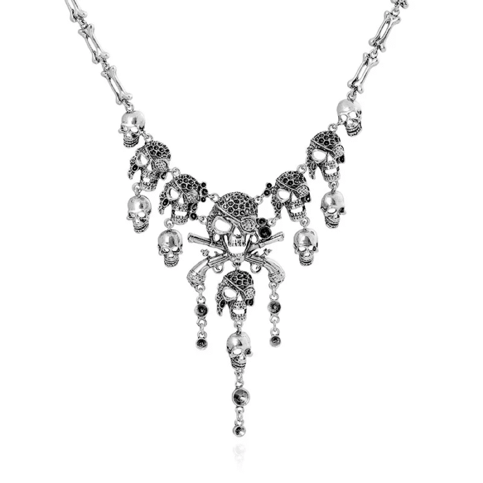 Ασημί Gothic Περιδέραιο Crystal Pirate Skulls