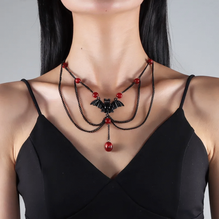 Μαύρο Gothic Multilayer Κολιέ Red Beads Bat