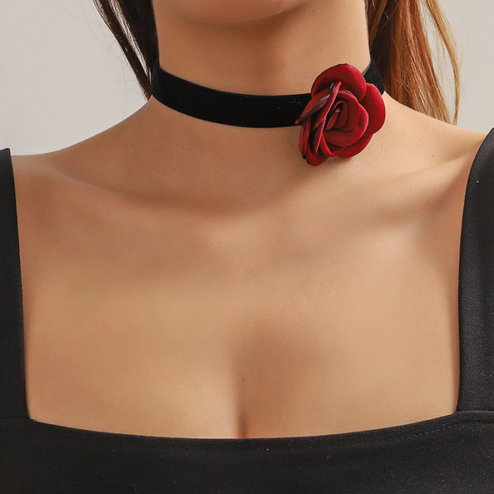 Μαύρο Vintage Goth Βελούδινο Choker Red Rose