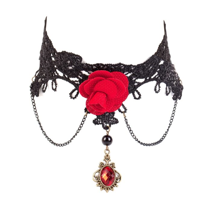 Μαύρο Gothic Crochet Choker Red Rose Crystal
