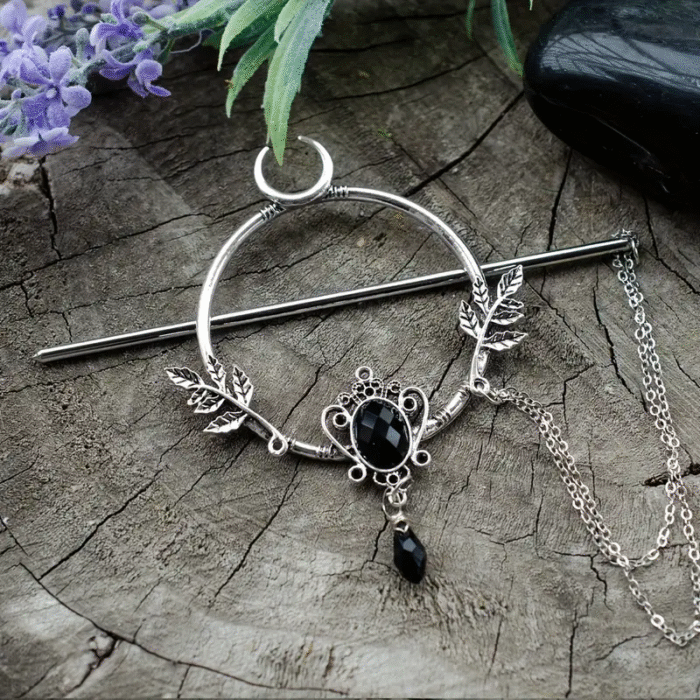 Ασημί Mystic Πιάστρα Μαλλιών Black Crystal Forest Witch