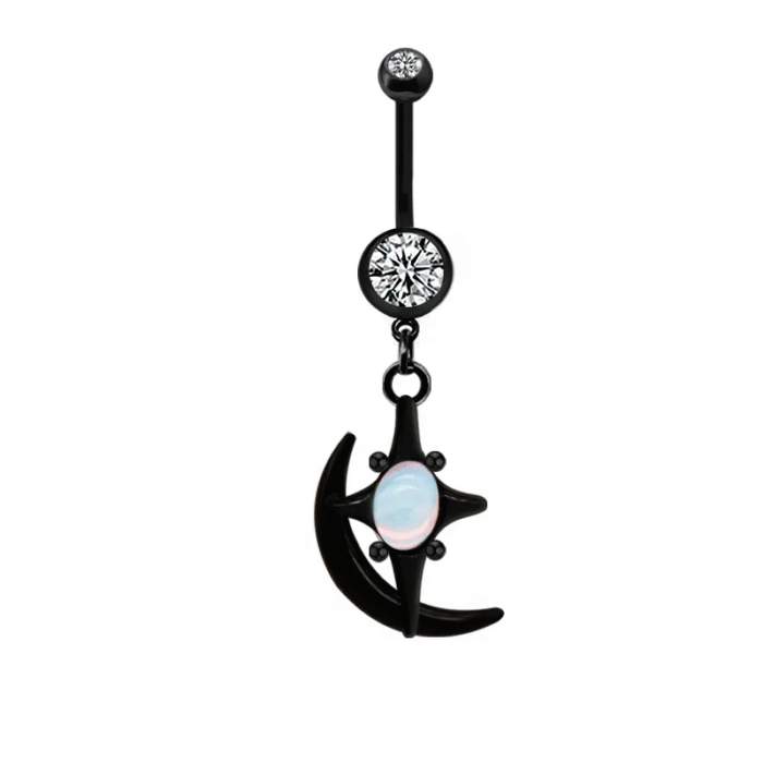 Μαύρο Ατσάλινο Σκουλαρίκι Αφαλού Opal Star Crescent