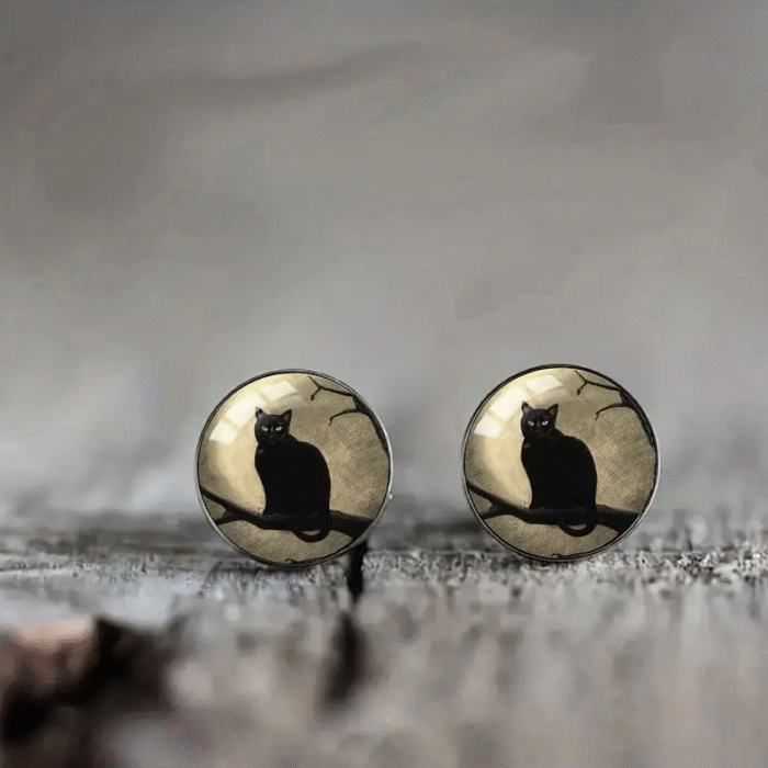 Ασημί Σκουλαρίκια Studs Black Cat on Tree